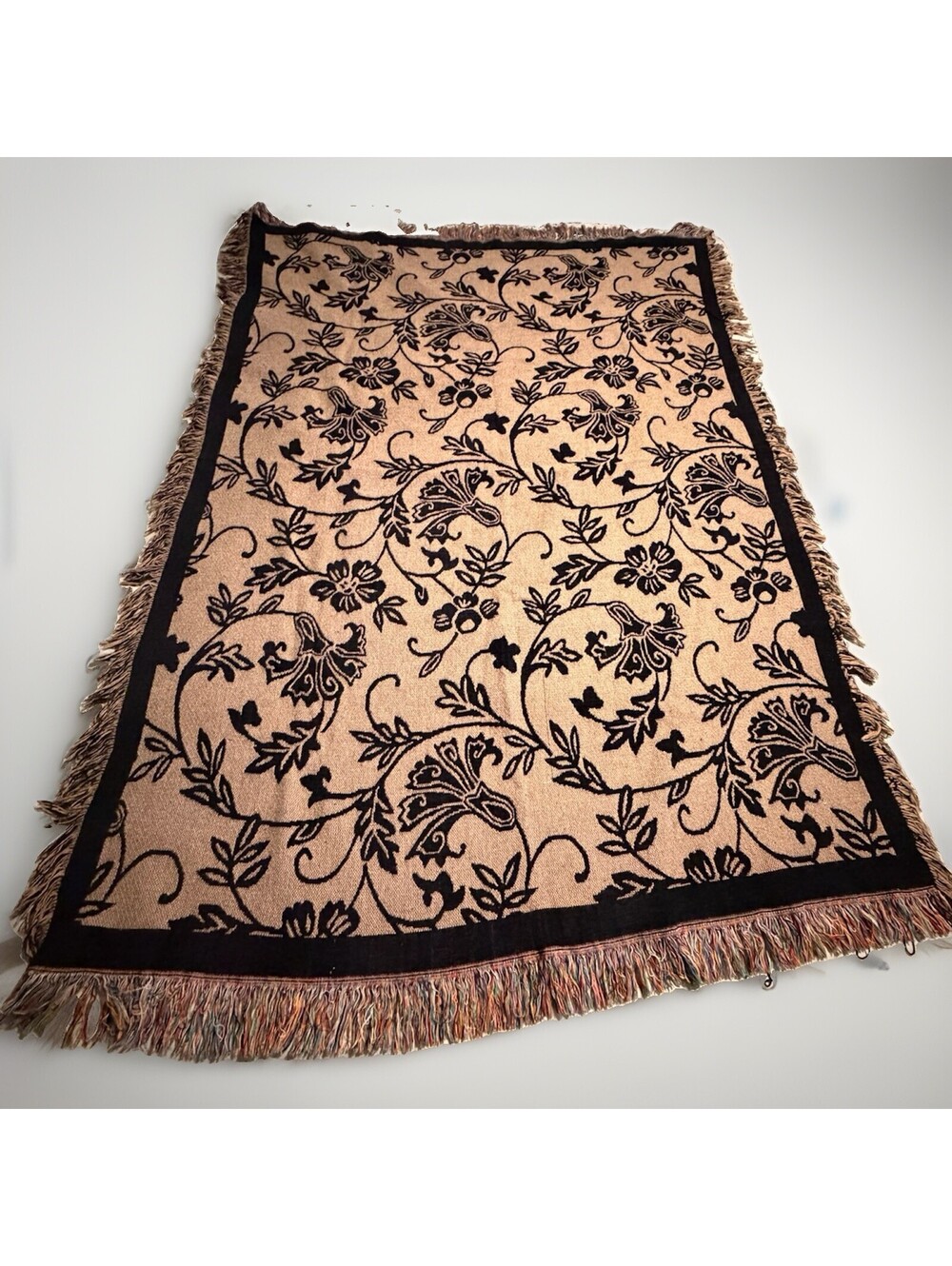 Woven Tapestry Throw Blanket Floral Vine Tan Black Fringe Boho Cottagecore